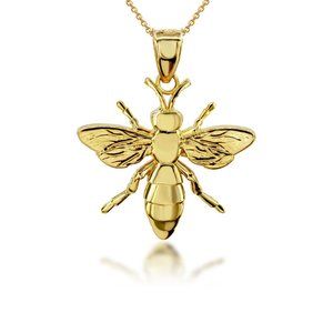 Solid 10k Gold 3D Bee Pendant Necklace - Yellow, Rose, or White Gold